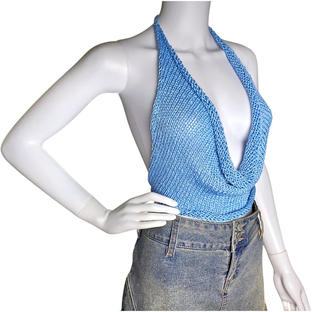 Handmade Knit Halter Top Blue, Small to Medium, Boho Festival Wear, Rave Clothes - Picture 4 of 8